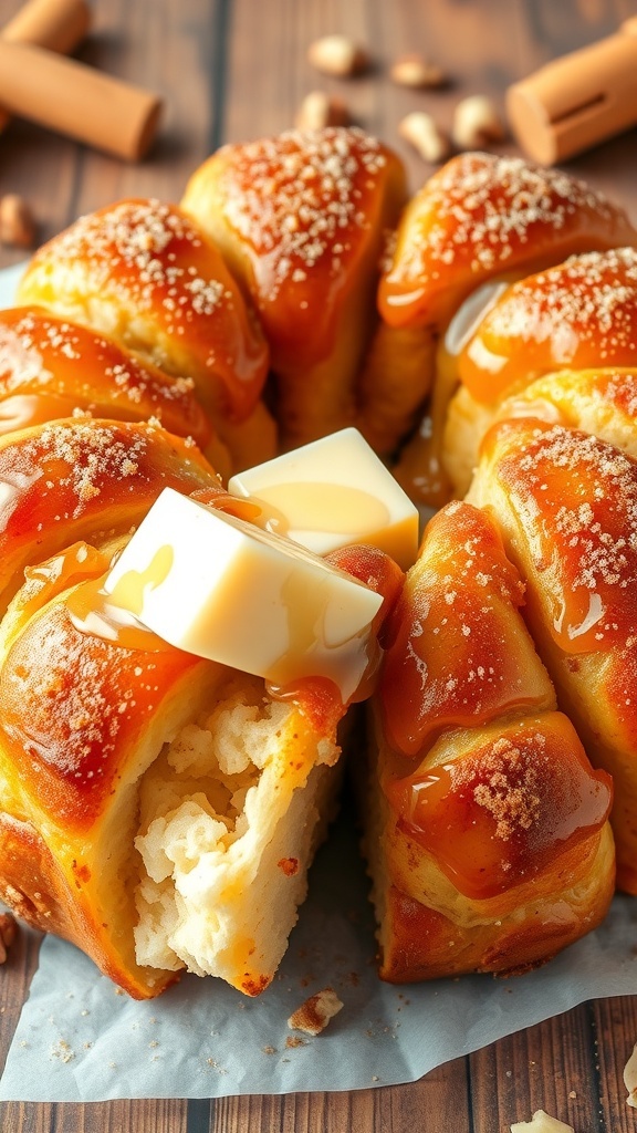 Golden-brown air fryer monkey bread with cinnamon-sugar coating, served on a rustic table.